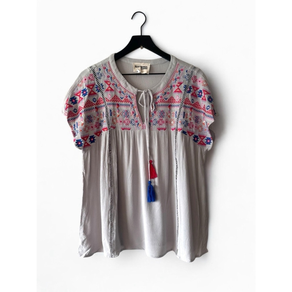 Savanna Jane Gray Short Sleeve Top with Multicolor Embroidery